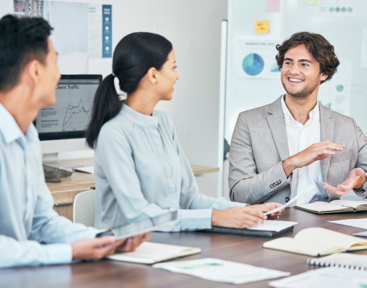 Meeting, marketing vision and kpi performance data for diverse team of talking creative agents to p